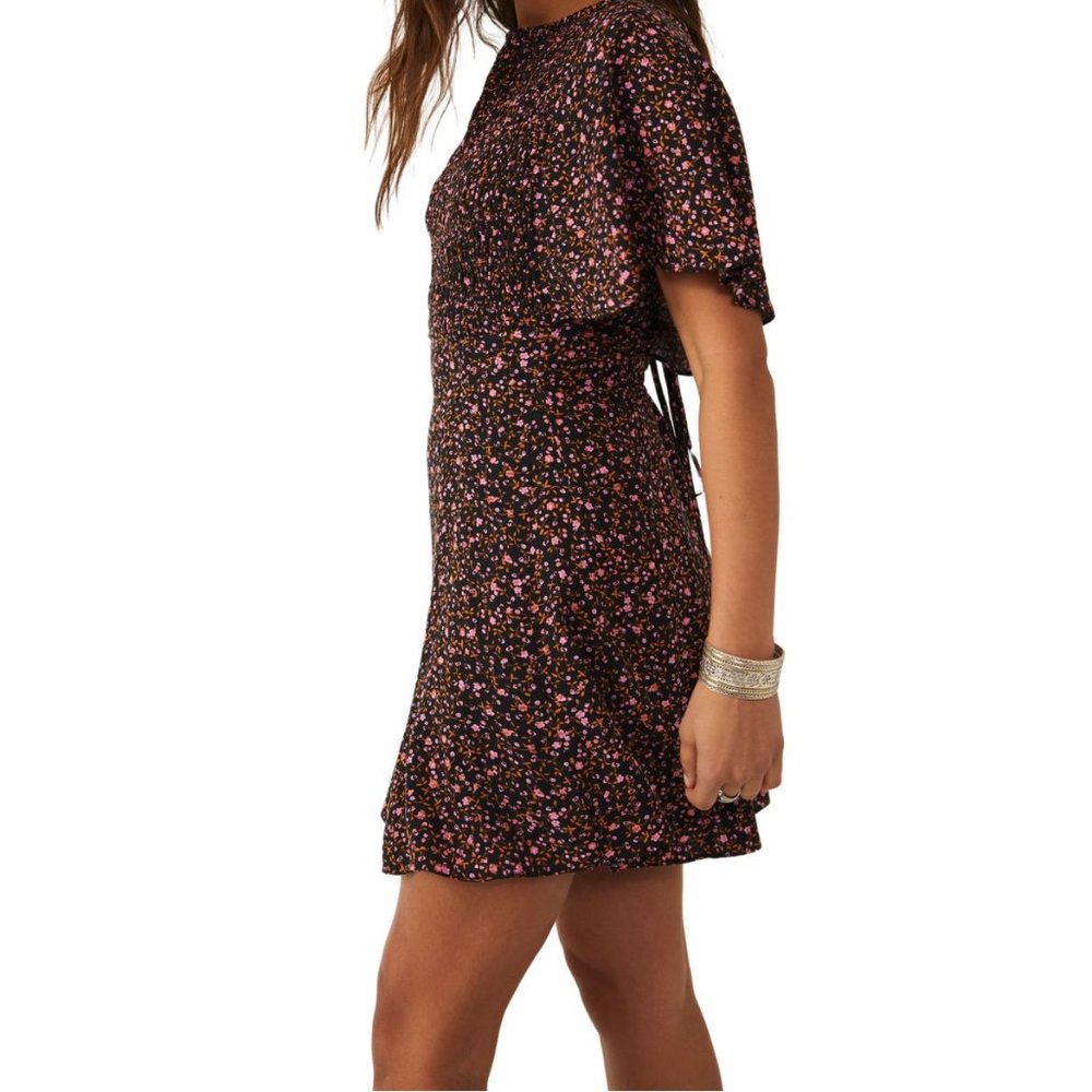 NEW Free People Florence Mini Dress Floral Lace Up Smocked Evening Combo Black - Picture 7 of 12